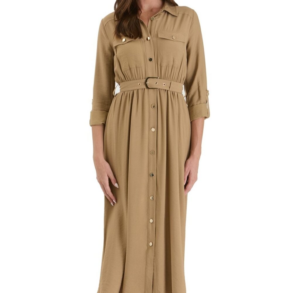 Collared Button Down Belted Midi Dress